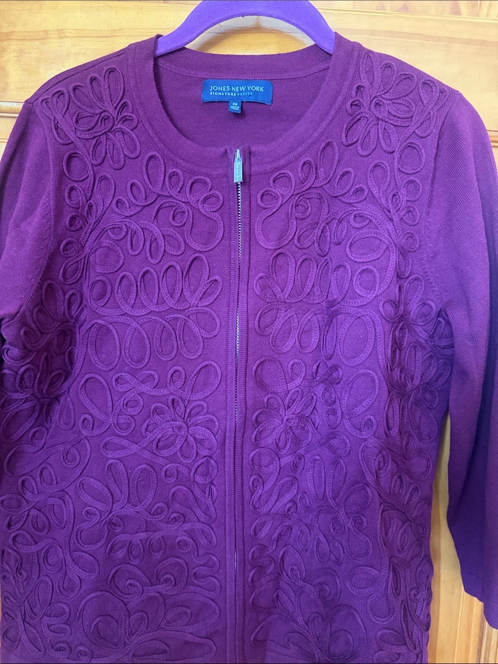 Jones New York Deep Purple Embroidered Zip Cardigan